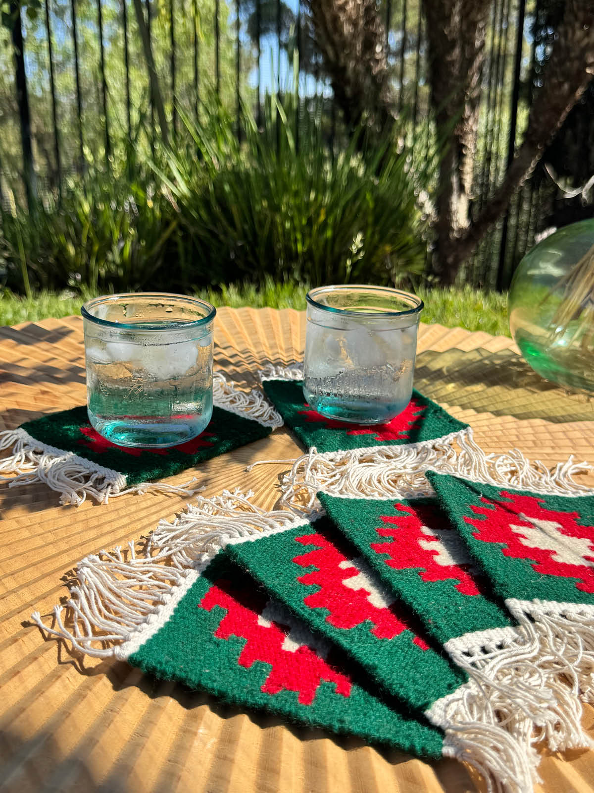 Handmade Wool Kilim Coaster - Green/Red (Set of 2)
