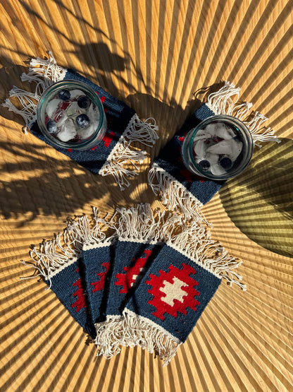 Handmade Wool Kilim Coaster - Blue/Red (Set of 2)