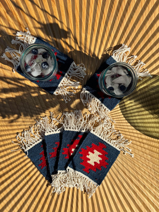 Handmade Wool Kilim Coaster - Blue/Red (Set of 2)