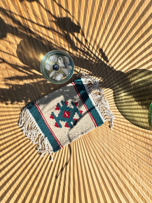 Handmade Wool Kilim Coaster - Teal/Red (Large: Set of 1)