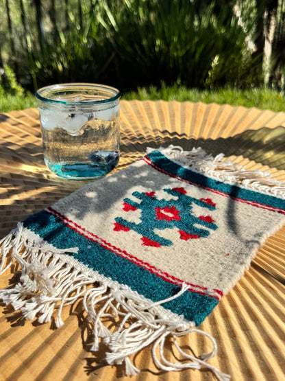 Handmade Wool Kilim Coaster - Teal/Red (Large: Set of 1)