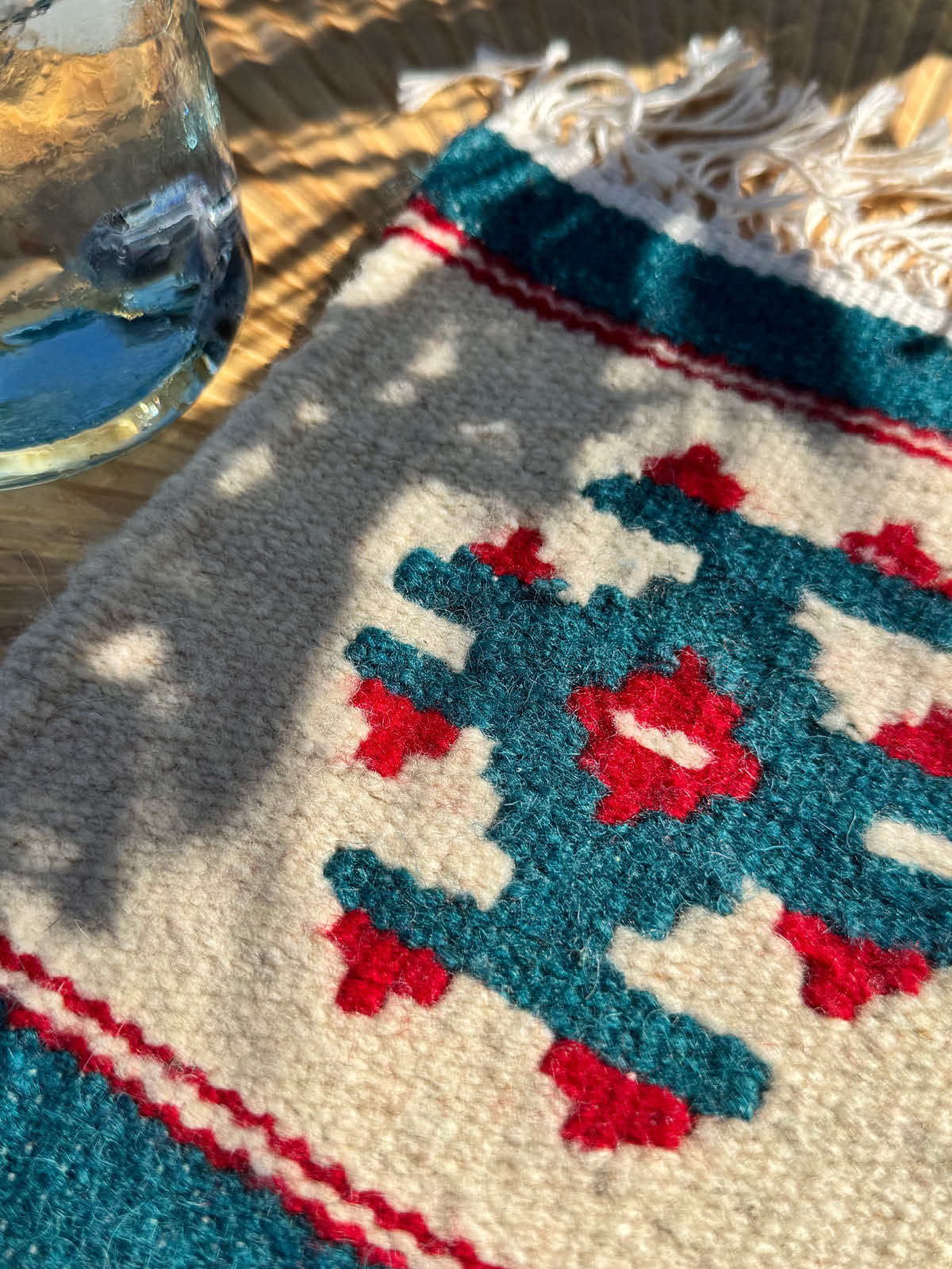 Handmade Wool Kilim Coaster - Teal/Red (Large: Set of 1)