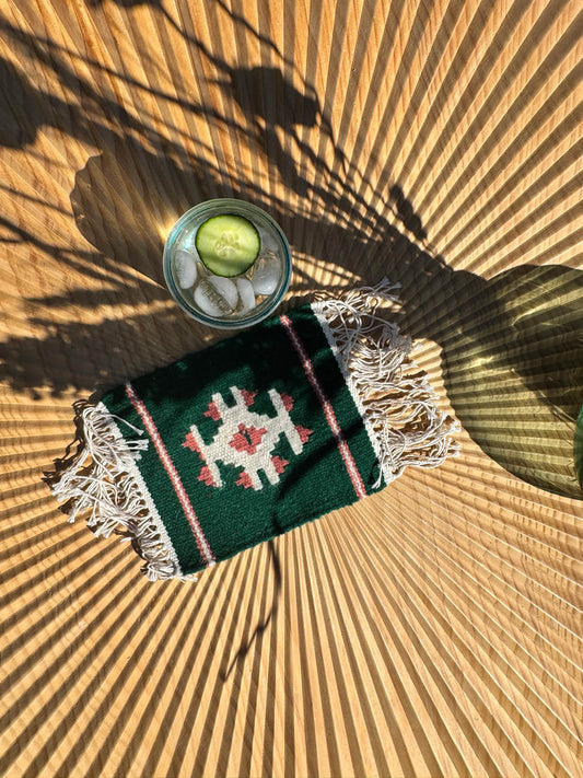 Handmade Wool Kilim Coaster - Green/Pink (Large: Set of 1)
