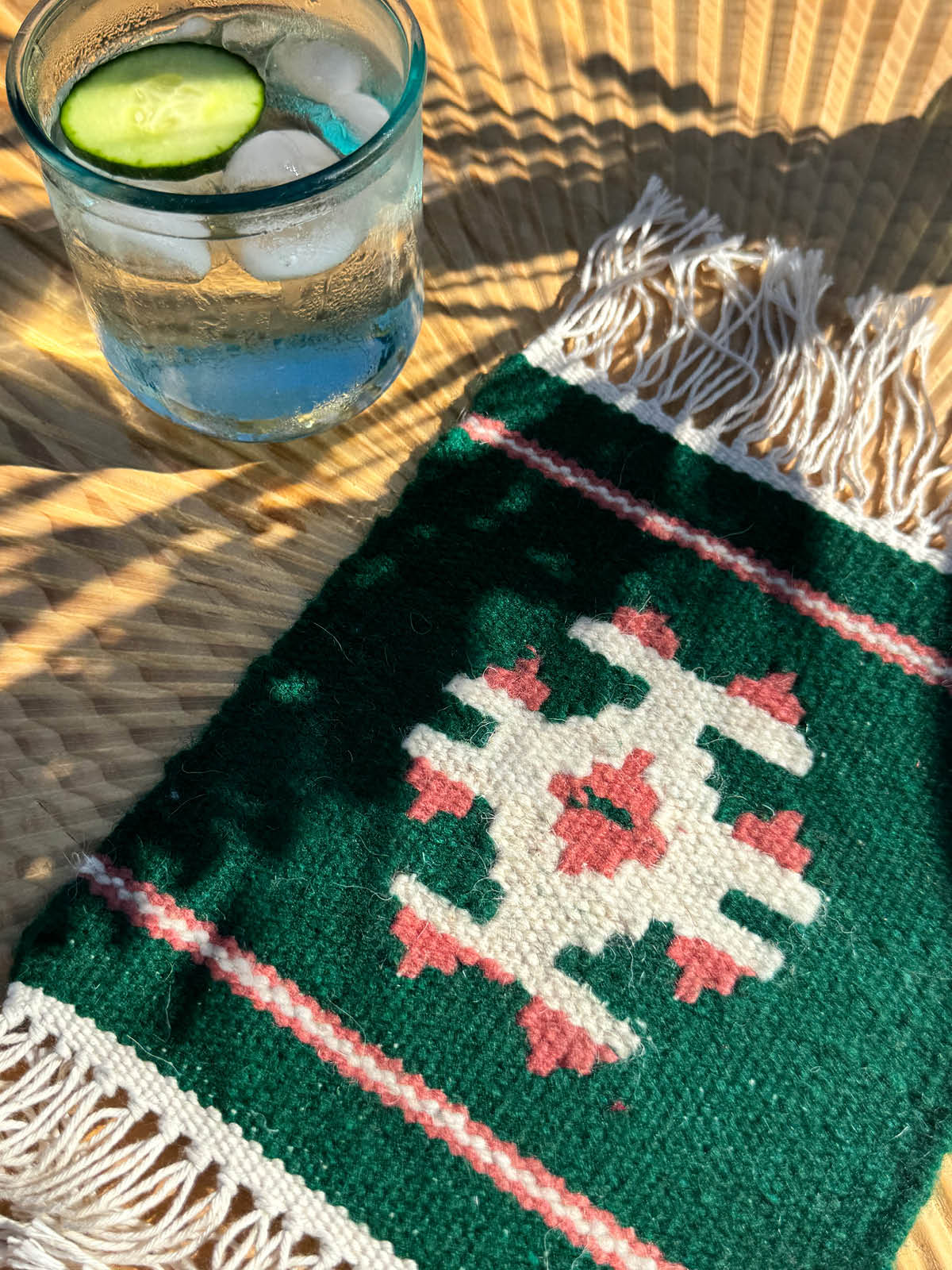 Handmade Wool Kilim Coaster - Green/Pink (Large: Set of 1)