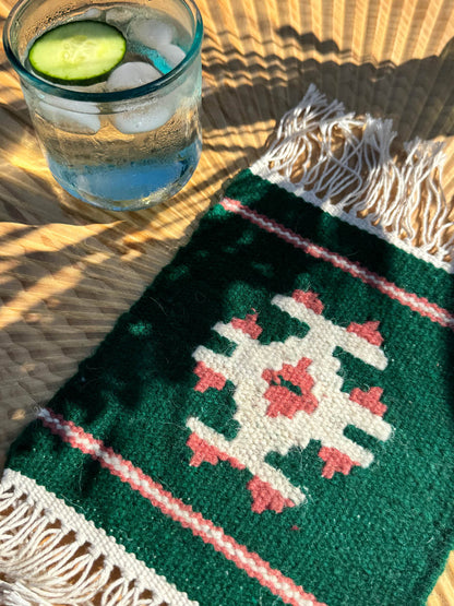 Handmade Wool Kilim Coaster - Green/Pink (Large: Set of 1)