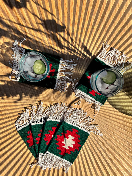 Handmade Wool Kilim Coaster - Green/Red (Set of 2)