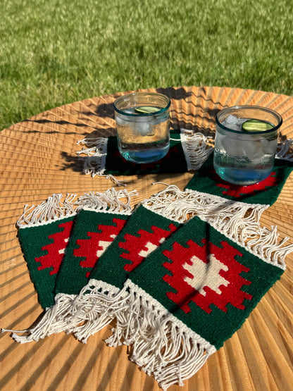 Handmade Wool Kilim Coaster - Green/Red (Set of 2)